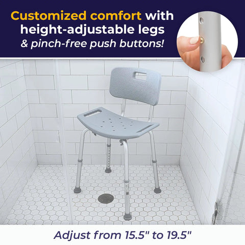 Shower Chair With Back Support For Safe Easy Bathing In The Tub Adjustable Bathroom Bench Non Slip Suction Feet Lightweight Yet Sturdy Construction Comfortable Contoured Seat Grey in a tiled shower, highlighting height adjustment.