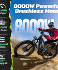 8000W Dual Motor Fat Tire Electric Bike For Adults With Full Suspension And 52 MPH Top Speed 60V 32Ah Battery 26x4 All Terrain Tires SHM 7 Speed Gear Ready For City Trails And Off Road Adventures rider on black fat tire e-bike