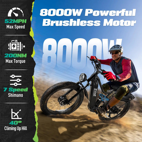 8000W Dual Motor Fat Tire Electric Bike For Adults With Full Suspension And 52 MPH Top Speed 60V 32Ah Battery 26x4 All Terrain Tires SHM 7 Speed Gear Ready For City Trails And Off Road Adventures rider on black fat tire e-bike