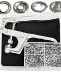 80 Piece 11mm Metal Snaps With Pliers Fastener Tool Kit For DIY Sewing And Crafting Includes Adapters And Press Tool For Jersey Buttons Snap Set Ready To Install On Jeans Bags And More, showing pliers and snaps in a box.