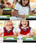 Students using 24 Pack Desk Name Plate Holders With Self-Adhesive Removable Grip And Built-In Pen Holder, Black Plastic Name Tag Displays For Classroom, School, Or Home Study, Easy Peel And Stick, 1.5 X 12 X 1 Inches in classroom setting.