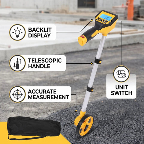 Smooth Roll Digital Measuring Wheel With Zero Hassle Readout Quick Switchable Foot Or Meter Units For Straight Shot Accuracy On Any Construction Site Or Backyard Tally