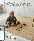 Child playing on carpet with Two Pack 2.5K Indoor Outdoor Security Cams With Color Night Vision, monitor and mobile app shown.