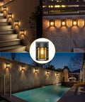 Solar Wall Fence Lights Outdoor 6 Pack illuminating steps, a wall, and poolside area with 3000K warm glow at dusk.
