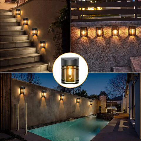 Solar Wall Fence Lights Outdoor 6 Pack illuminating steps, a wall, and poolside area with 3000K warm glow at dusk.