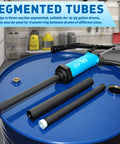 No Sweat Lever Action Barrel Pump, Smooth 55 Gallon Drum Transfer For Fuels And Chemicals with segmented tubes on blue drum.