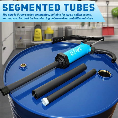 No Sweat Lever Action Barrel Pump, Smooth 55 Gallon Drum Transfer For Fuels And Chemicals with segmented tubes on blue drum.