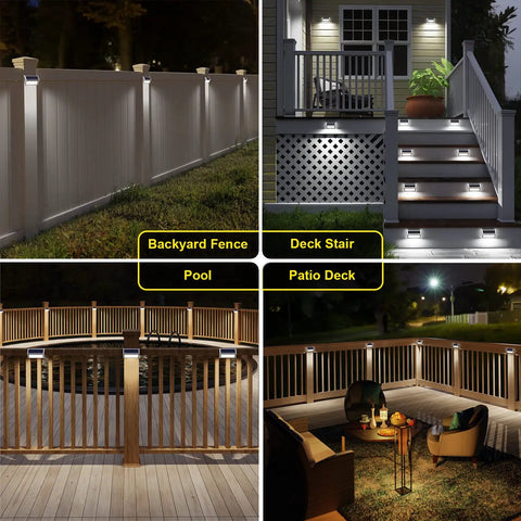 Solar Fence Lights 10 Pack With 30 Led Waterproof Stainless Steel Backyard Lamps illuminating deck and fence at night