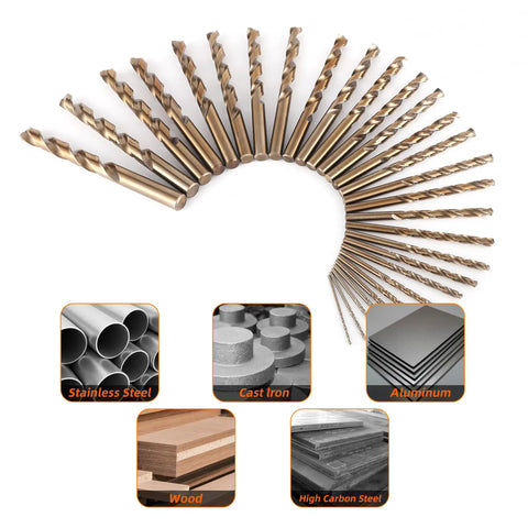 Cobalt Drill Bit Set 29 Piece Pro Grade M35 High Speed Steel One Sixteenth To One Half Inch Jobber Length For Hardened Metal Stainless Steel Cast Iron Wood And Plastics In Durable Metal Index Box displaying drill bits and materials
