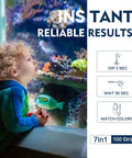 Child observing colorful aquarium with fishes, highlighting Ultimate 7 Way Aquarium Test Strips Fish Tank Water Test Kit For Freshwater And Saltwater Ponds 100 Count.