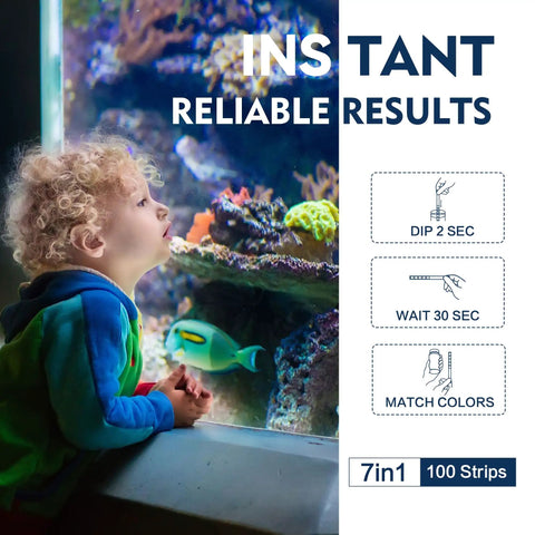 Child observing colorful aquarium with fishes, highlighting Ultimate 7 Way Aquarium Test Strips Fish Tank Water Test Kit For Freshwater And Saltwater Ponds 100 Count.