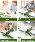 Collage showing Metal 1 To 32 Scale Fighter Airplane Kit With 331 Parts 13 Inch Long DIY STEM Model For Kids Aged 8 To 12.