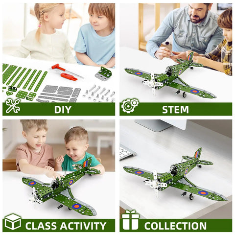 Collage showing Metal 1 To 32 Scale Fighter Airplane Kit With 331 Parts 13 Inch Long DIY STEM Model For Kids Aged 8 To 12.