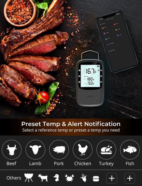 Bluetooth Meat Thermometer for Grill, Smoker, and Oven With 2 Probes, Wireless Digital BBQ Thermometer, Timer Mode, Backlit LCD, Helps You Cook Beef, Poultry, Pork, Turkey, and Fish To USDA Temps