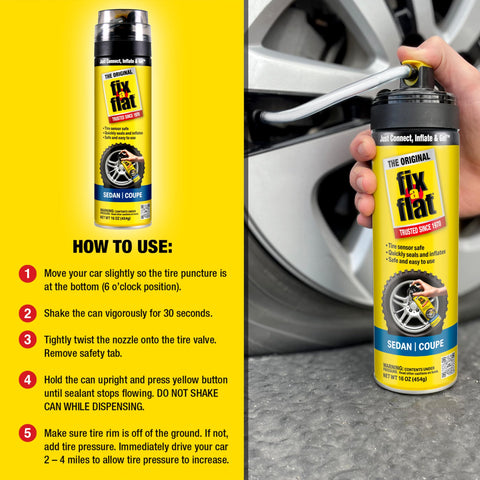 Emergency Tire Repair And Inflator Aerosol 16 Oz For Standard Tires Eco Friendly Formula next to car tire ready for use
