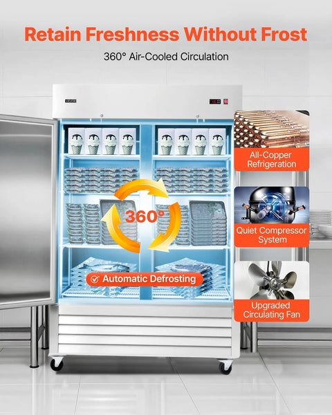 Heavy Duty Stainless Steel Upright Freezer 54 Inches Wide 44 Cubic Feet Keeps Bulk Stock Kickin Cold With Auto Defrost showing inside with adjustable racks.