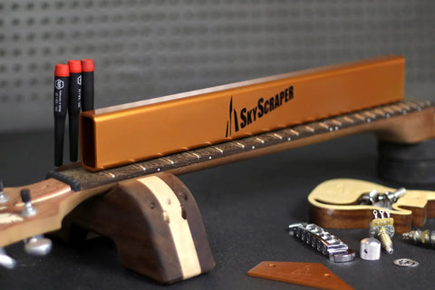 Pro Grade Fret Leveling Kit With Fret Rocker, String Height Gauge, Notched Straight Edge on guitar fretboard setup