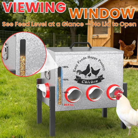 Heavy Duty Automatic Chicken Feeder With Clear Window And Eight Wide Ports For Zero Mess Coop Care Built Tough As Nails From Rust Proof Steel With Leveling Feet And Locking Lid Keeps Your Flock Fed Without A Sweat showing viewing window for easy feed level monitoring.