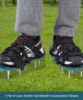 Person wearing Lawn Aerator Shoes For Grass And Garden Care With Spiked Prongs And Easy Buckle Straps on a lawn