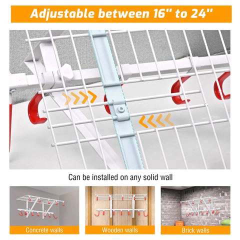 Close-up of adjustable hooks on Heavy Duty Garage Wall Shelf And Bike Rack With Adjustable Hooks Wall Mounted Storage Organizer For Tools Bikes And Gear Must Have Built To Last 280 Lb Load Capacity Two Pack Bundle