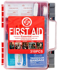 Front view of Gevoke 310-piece hard-case first aid kit in pink translucent case with red label.