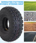 Beefy Heavy Duty 4.10/3.50-4 Tire And Inner Tube Set With Bent Valve Stem showing serrated tread with terrain examples.