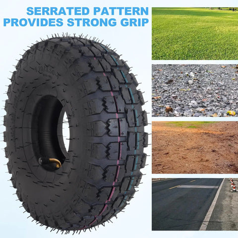 Beefy Heavy Duty 4.10/3.50-4 Tire And Inner Tube Set With Bent Valve Stem showing serrated tread with terrain examples.