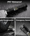 Beast Bright Rechargeable Flashlight With 100,000 Lumens LED showing waterproof feature, resist compression under a tire, and emergency hammer usage.