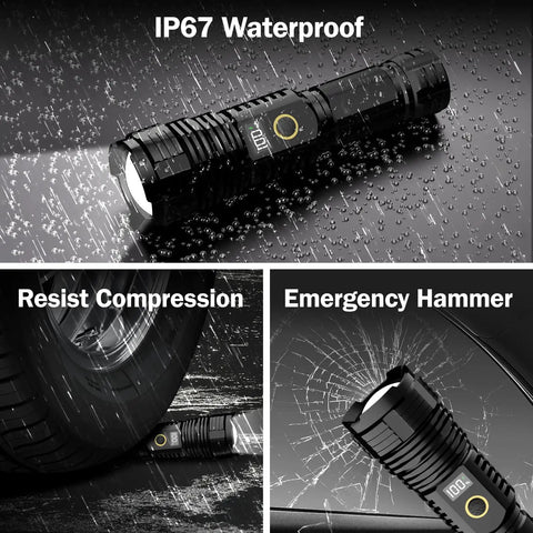 Beast Bright Rechargeable Flashlight With 100,000 Lumens LED showing waterproof feature, resist compression under a tire, and emergency hammer usage.