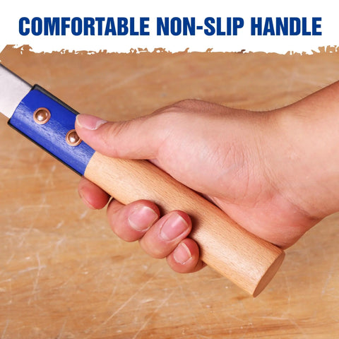 Hand gripping the wooden handle of the Heavy Duty Japanese Pull Saw For Fine Woodworking 6 Inch Dovetail Blade With 23 TPI SK5 Steel.