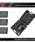 Universal Wheel Bearing Puller Kit And Hub Removal Tool in open case showing 21-piece set with instructions