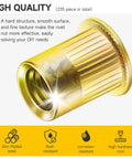 Two Hundred Pcs 10 32 Rivet Nuts Kit With Yellow Zinc Carbon Steel Flat Head Knurled Rivet Nuts for wood and metal close-up