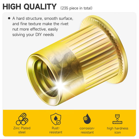 Two Hundred Pcs 10 32 Rivet Nuts Kit With Yellow Zinc Carbon Steel Flat Head Knurled Rivet Nuts for wood and metal close-up