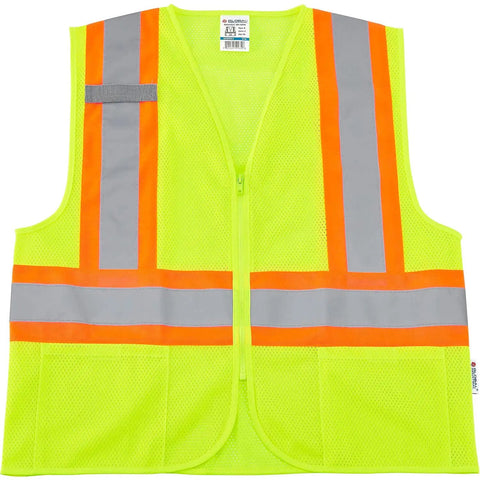 Class Two High Visibility Safety Vest Zip Front Two Pockets Lime Mesh Reflective Workwear Sweet Mesh Comfort Top Shelf Job Site Gear Heavy Duty Grind Stay Lit In Low Light Small Medium Fit with bright lime mesh and reflective stripes.