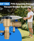 Front view of YEE 3/4 in brass PVB backflow preventer assembly with black cap and blue valve for outdoor irrigation