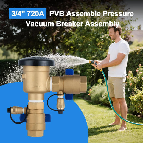 Front view of YEE 3/4 in brass PVB backflow preventer assembly with black cap and blue valve for outdoor irrigation