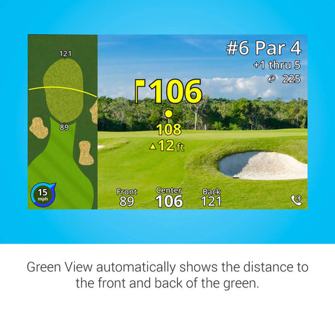 Golf GPS Range Finder With Pin Lock, Pin To Flag Accuracy Within 10 Inches, displaying course view with distance details
