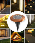 Bronze Solar In Ground Disc Lights 8 Pack illuminating pathways and gardens, showcasing 12 LED lights in various outdoor settings.