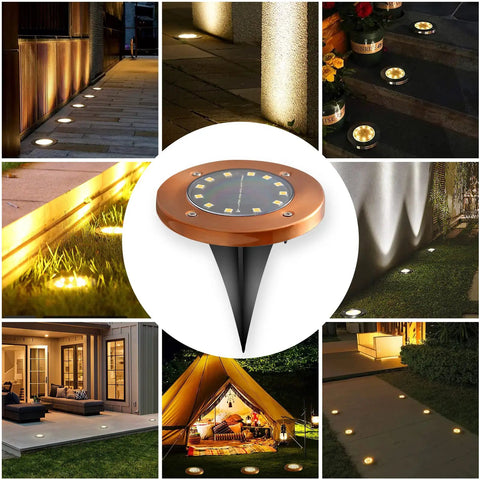 Bronze Solar In Ground Disc Lights 8 Pack illuminating pathways and gardens, showcasing 12 LED lights in various outdoor settings.