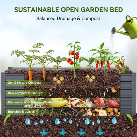 Sustainable open garden bed with visible layers of soil, compost, and plants in Heavy Duty Tall Raised Garden Bed 8 By 3 By 1.9 Feet Galvanized Steel Rustproof Planter Box Holds 341 Gallons Non Toxic For Veggies Flowers And Herbs Outdoor.