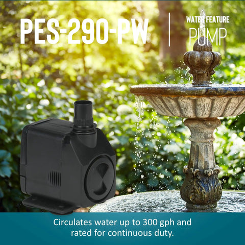 Energy Efficient 115 Volt Magnetic Drive Fountain And Pond Pump With Adjustable Flow Valve 300 GPH next to a garden fountain
