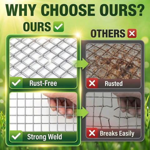 Comparison of rust-free and strong weld with rusted and breakable mesh for 16 Inches Wide By 20 Feet Long Hardware Cloth Heavy Duty One Quarter Inch Mesh 23 Gauge Hot Dip Galvanized After Welding Chicken Coop Fence Mesh Rabbit And Snake Barrier Galvanized Wire Mesh Roll.