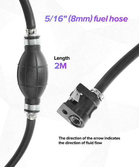 Beefed Up Boat Fuel Line Hose 6 Ft Five Sixteenth Inch With Primer Bulb And Steel Clamps Marine Outboard Fuel Line, side view.