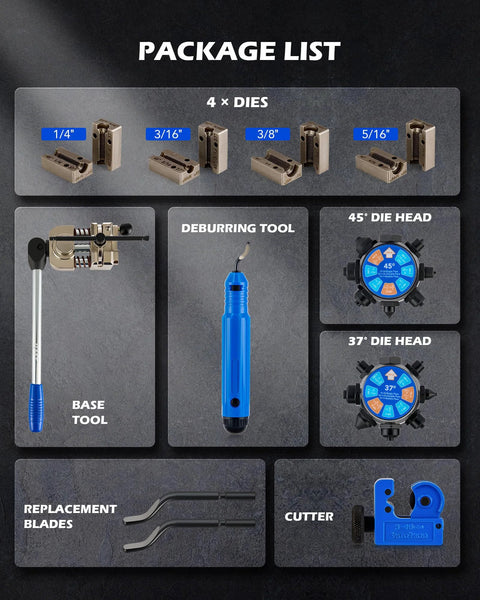 Orion Motor Tech brake line flaring kit with 4 dies, base tool, deburring tool, 45°/37° die heads, blades, cutter.