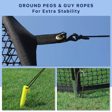 Ground pegs and guy ropes for 20 Ft Freestanding Batting Cage Backyard Baseball And Softball Practice With Portable Hitting Net.