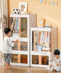 Children using Kid Closet Organizer Kit with collapsible wardrobe, plastic bins, hanging rod, stackable shelves in a playroom.