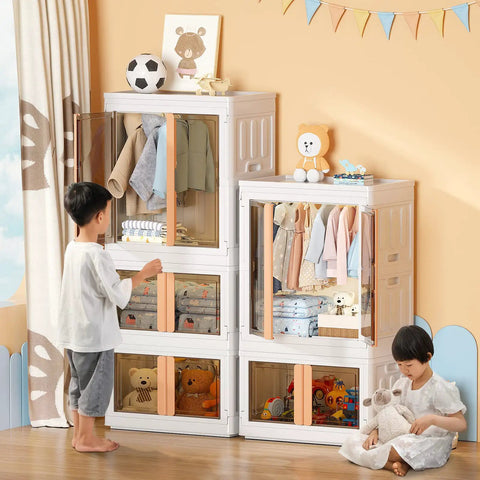 Children using Kid Closet Organizer Kit with collapsible wardrobe, plastic bins, hanging rod, stackable shelves in a playroom.