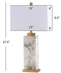 White Gold Modern Alabaster Rectangular Table Lamp With Night Light For Bedroom Coastal Vibe Bedside Lamp With White Linen Shade.