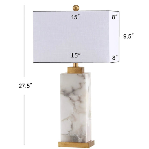White Gold Modern Alabaster Rectangular Table Lamp With Night Light For Bedroom Coastal Vibe Bedside Lamp With White Linen Shade.