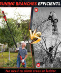 Rugged Electric Pole Pruner And Cordless Shears With Telescoping Rod in use, reaching high branches without a ladder.